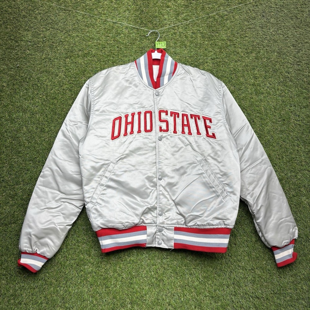 Vintage Ohio State Buckeyes Satin Jacket Mens Medium Bomber Silver Red Snap